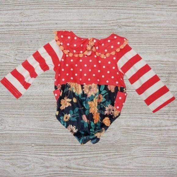 Striped Polka Dot Floral Ruffle Button Bodysuit - Picture 4 of 4